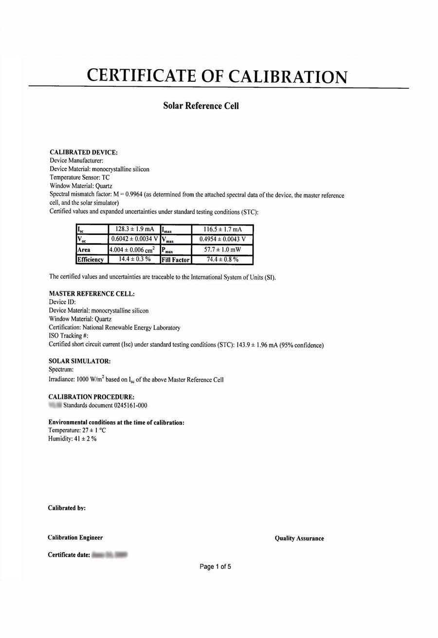 ��׼̫���ܵ��/�ο�̫���ܵ��У׼֤��certificate of reference solar cell calibration